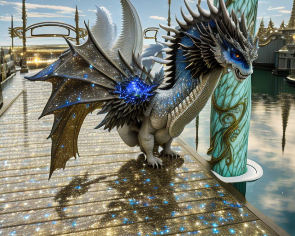 Blue and White Dragon on Golden Platform with Starry Wings