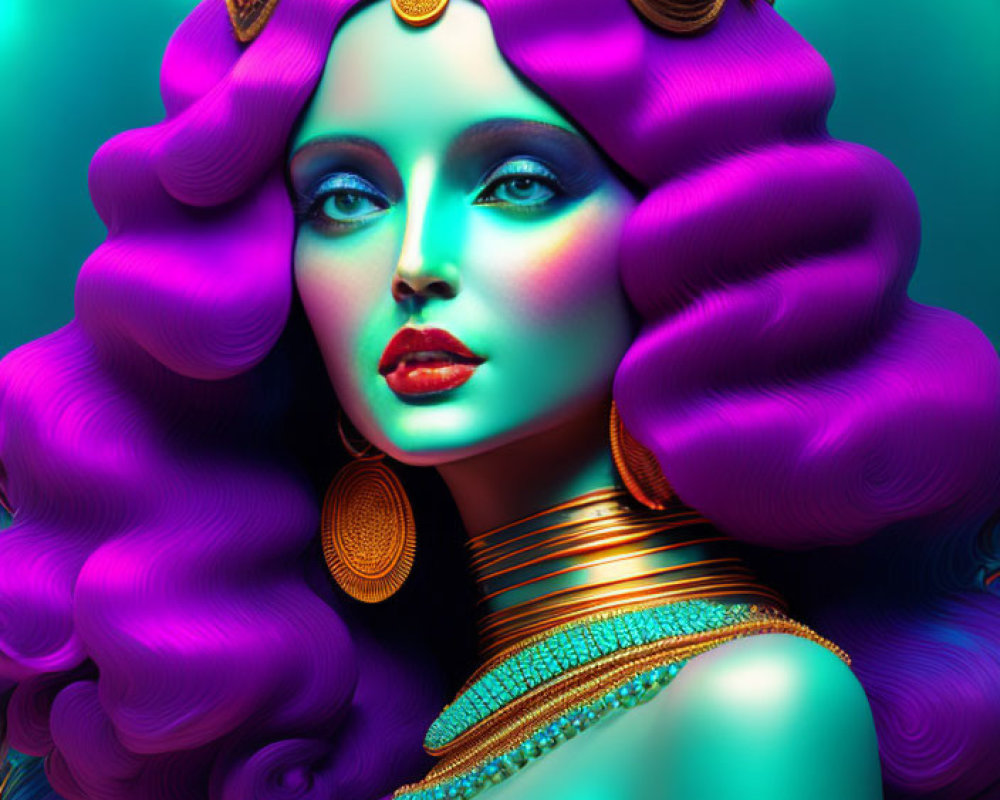 Colorful digital artwork of woman with blue skin and purple hair on teal background