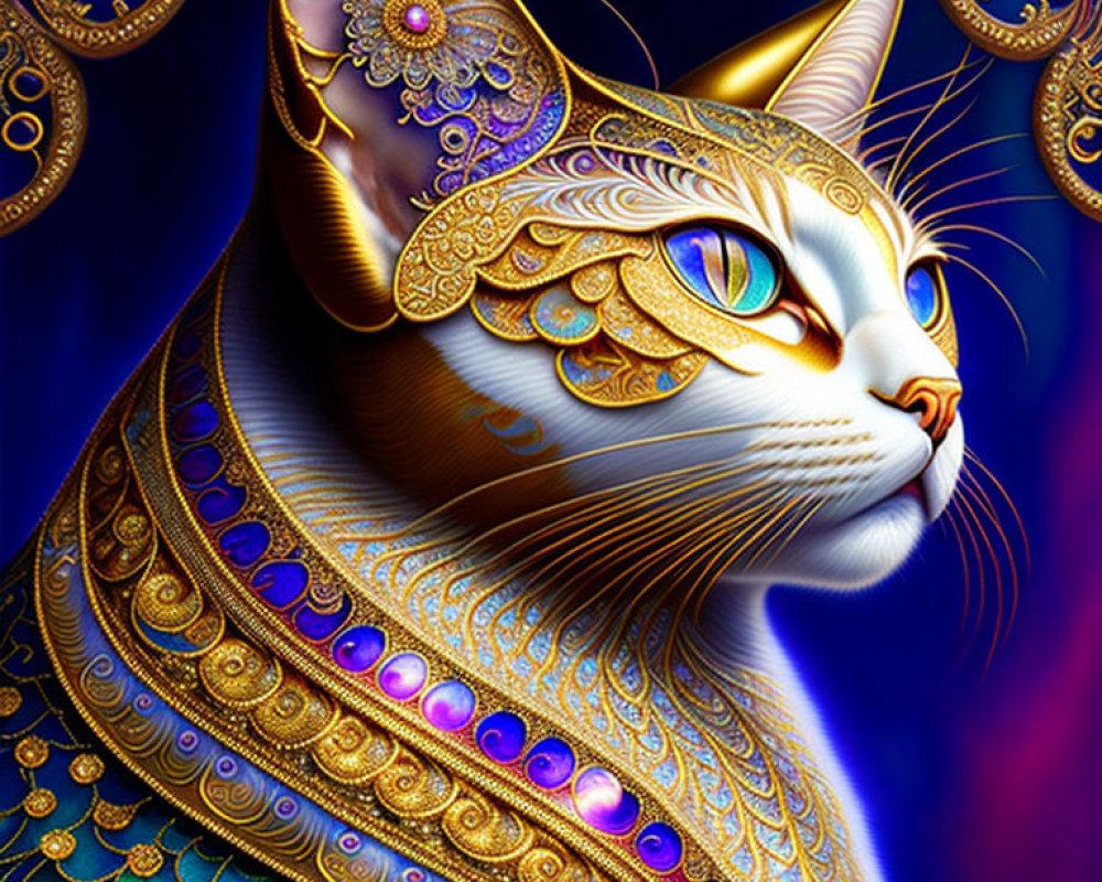 Ornately decorated cat digital artwork with gold and jewel-toned designs on deep blue background