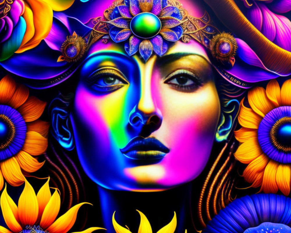 Colorful Psychedelic Portrait of Woman Surrounded by Floral Patterns