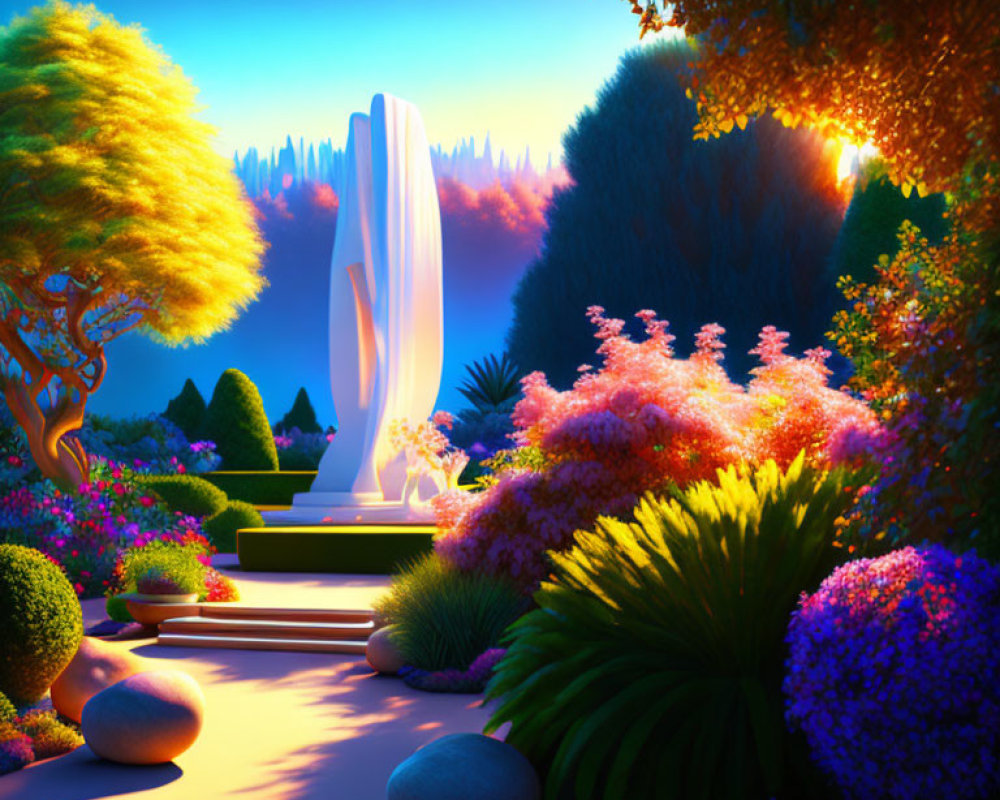 Surreal garden with white statue and colorful flora at sunset