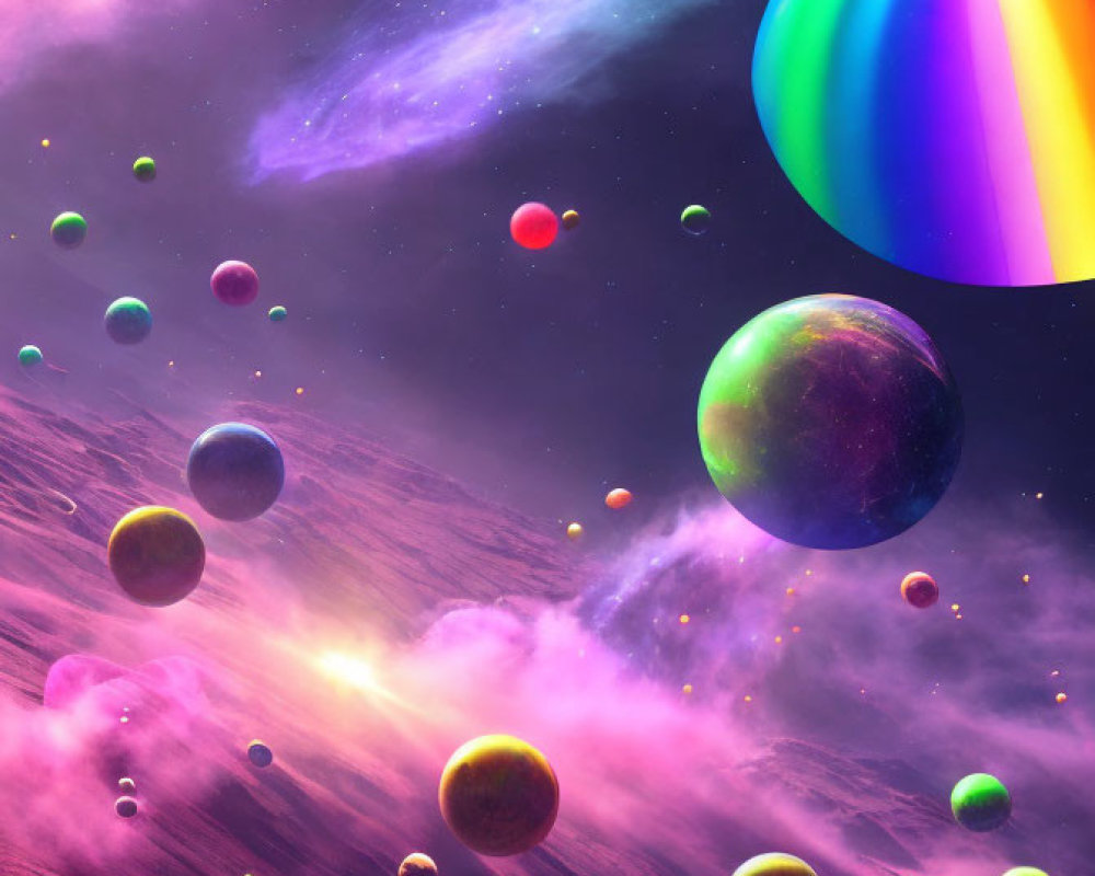 Colorful umbrella amidst vibrant cosmic scene with planets in purple-pink space.