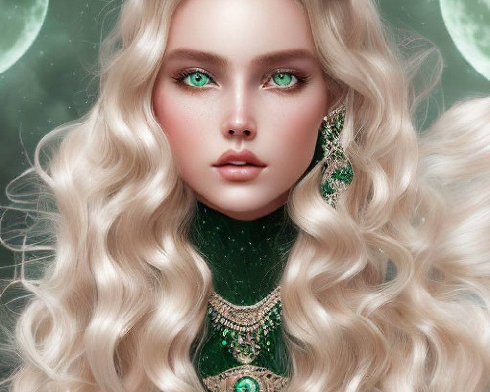 Fantasy portrait of woman with voluminous blonde hair and green eyes, adorned with ornate green jewelry