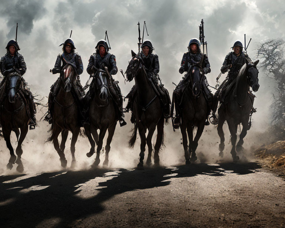 Five Riders on Horseback Charging Forward with Raised Weapons in Dramatic Scene