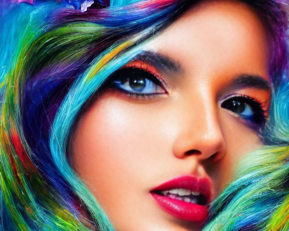 Vibrant multi-colored hair and makeup on woman against colorful background