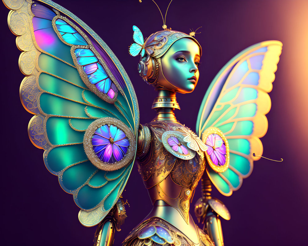 Digital Artwork: Robotic Figure with Elaborate Butterfly Wings and Serene Expression