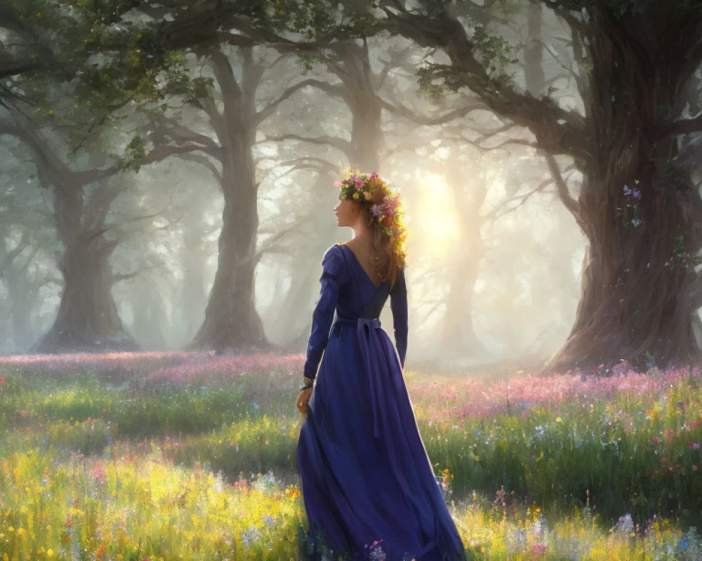 Woman in Blue Dress Standing in Sunlit Forest Clearing with Wildflowers