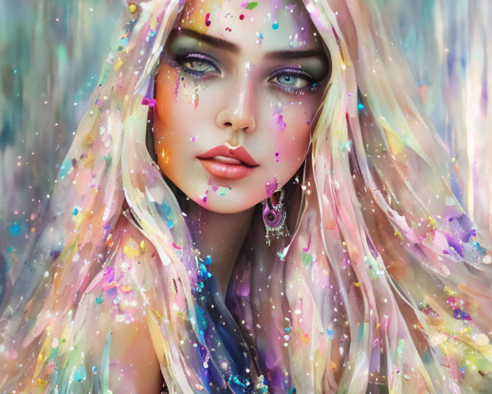 Colorful Galaxy-Inspired Hair Woman Illustration with Glitter Makeup