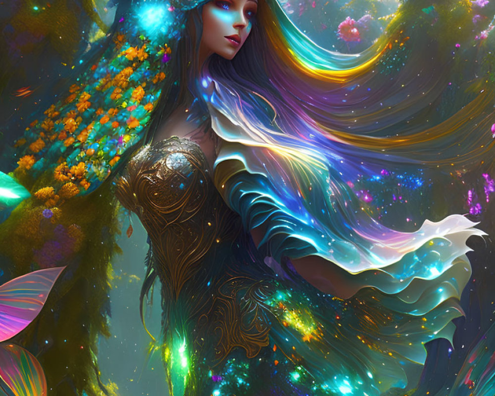 Mystical female figure in vibrant forest with glowing butterflies