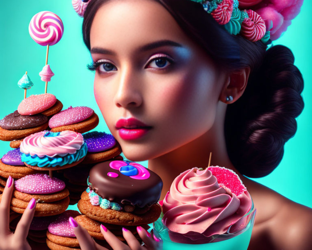 Portrait of woman with confectionery-themed makeup and accessories on teal background