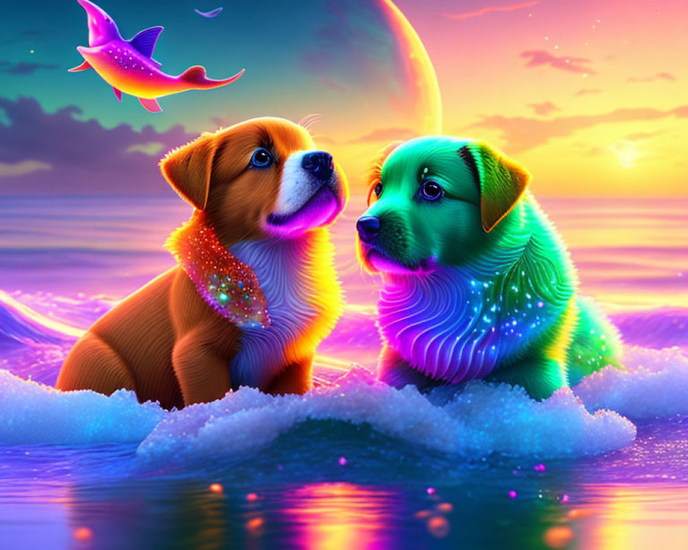 Neon-colored dogs and glowing fish under large moon in surreal seascape