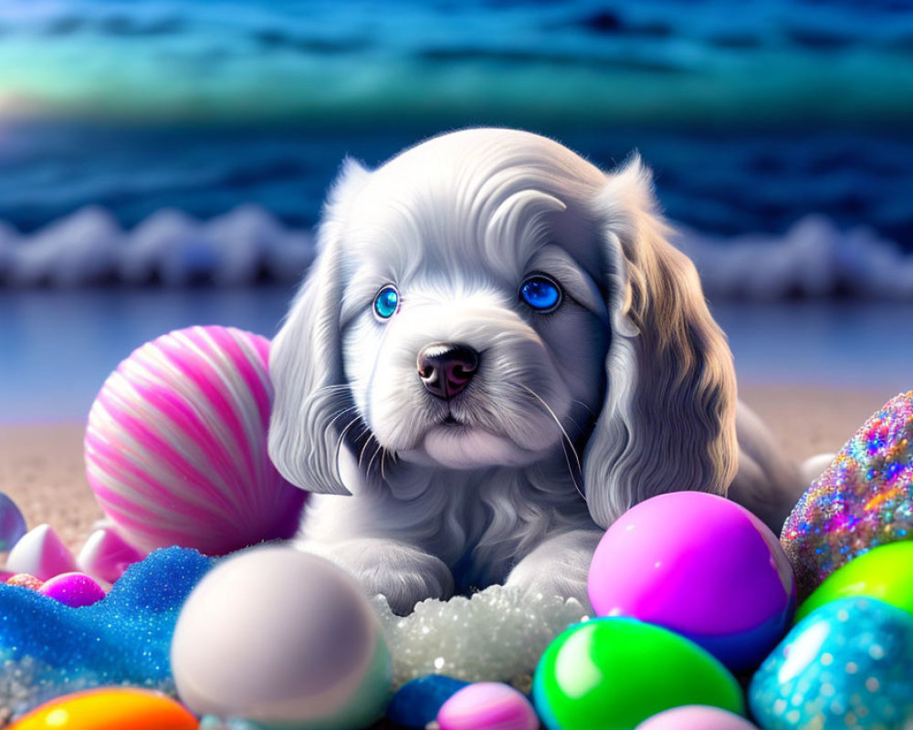 Fluffy Dog with Blue Eyes on Beach with Balls and Seashells