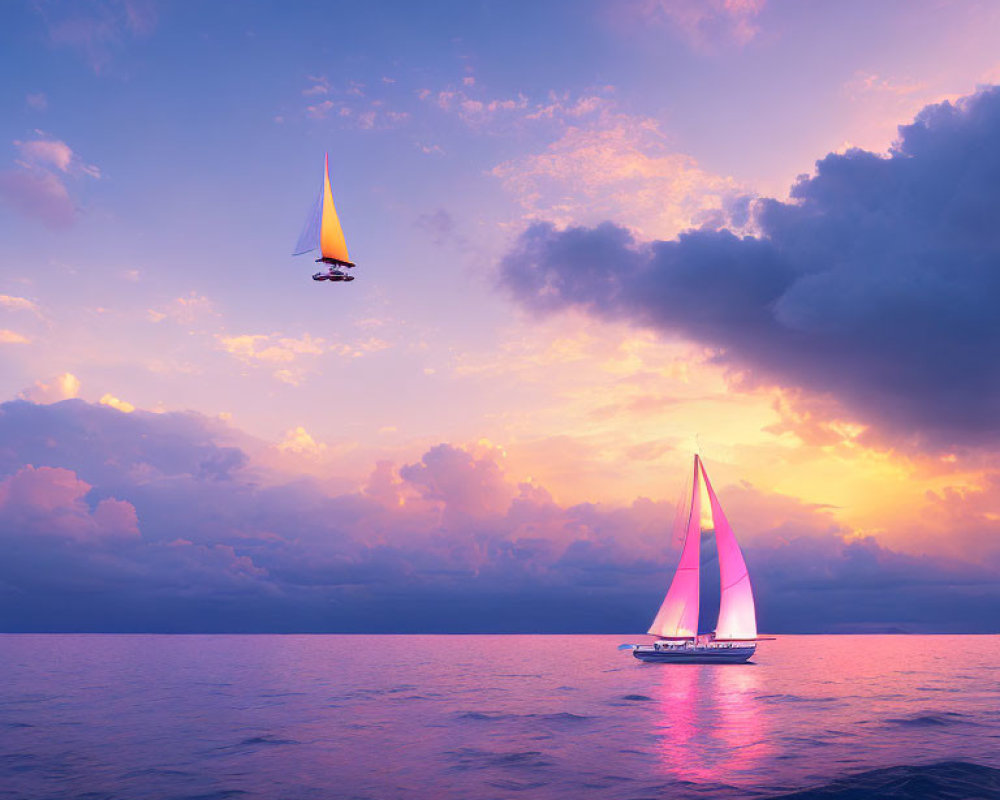 Pink-sailed sailboat and hang glider on calm sea under purple sunset sky