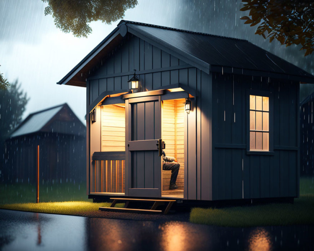 Small Blue House Glowing with Warm Light in Rainy Twilight