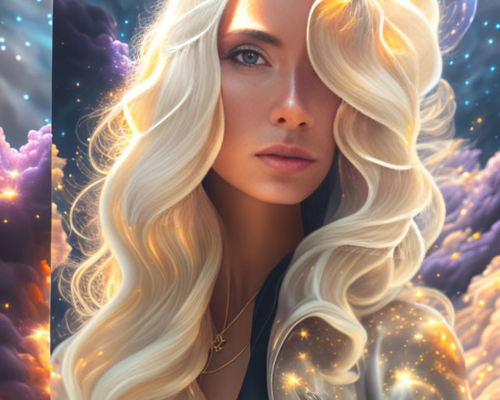 Blond woman in black and gold attire against cosmic backdrop