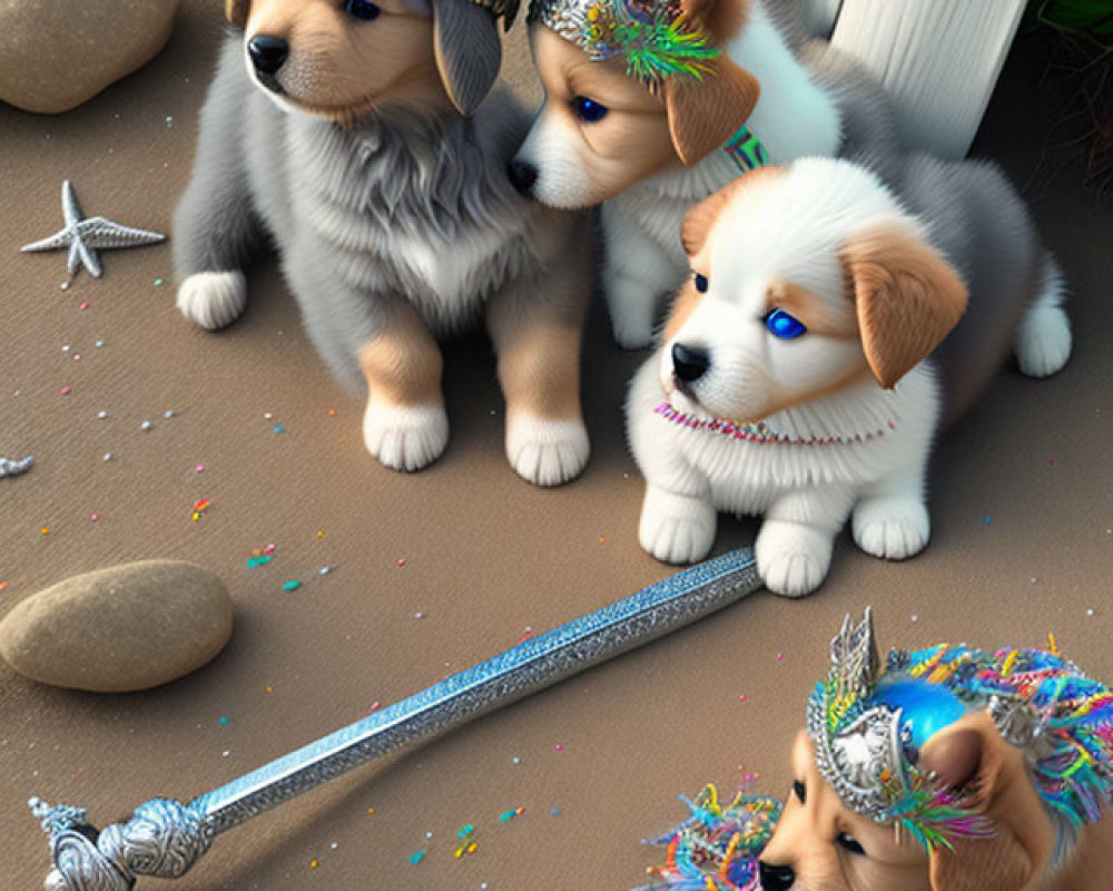 Three animated puppies wearing crowns surrounded by fantasy-themed items on a wooden floor