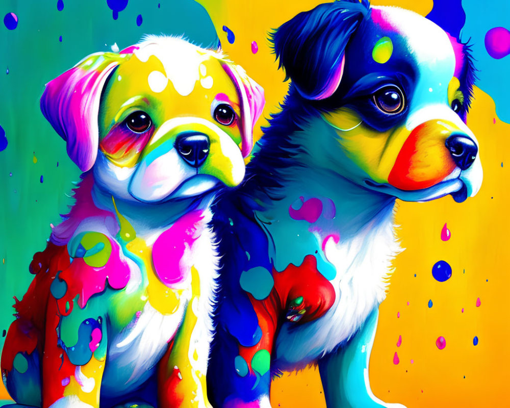 Colorful Painted Puppies on Vibrant Background