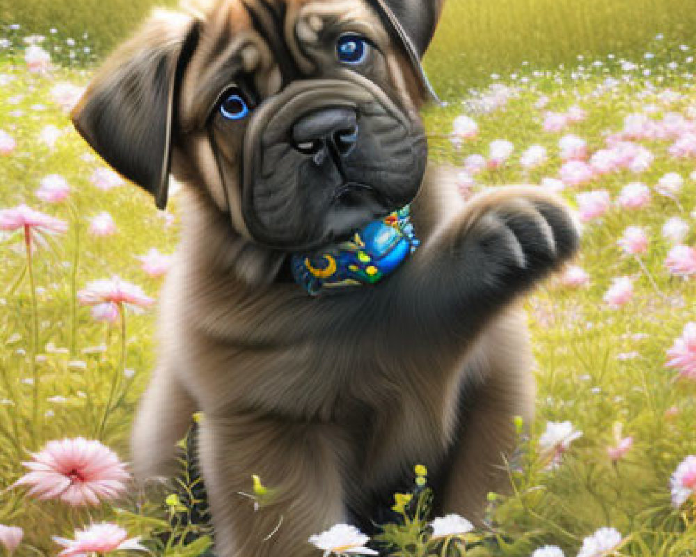 Brown Puppy with Blue Eyes and Colorful Collar in Flower Field