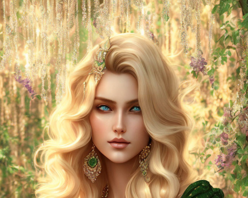 Portrait of a Woman with Long Blonde Hair and Blue Eyes in Green Clothing