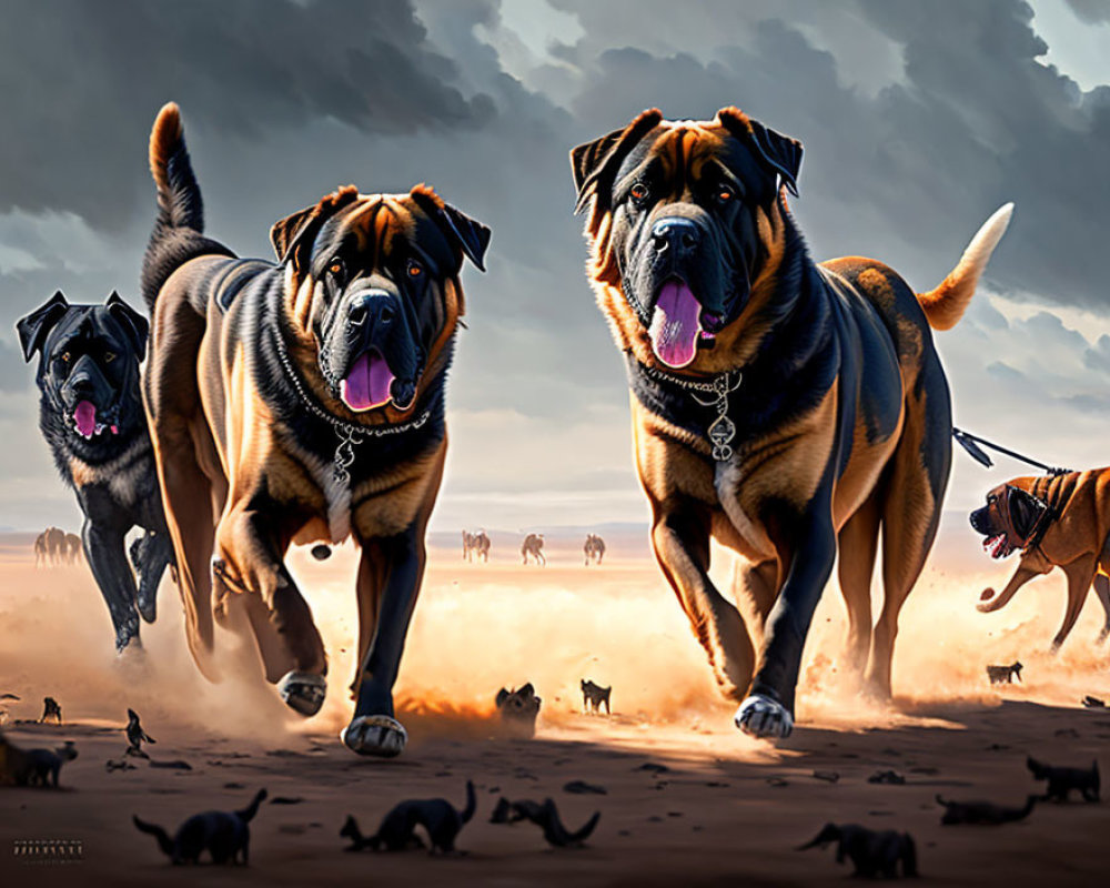 Three large dogs running towards tiny dogs under a dramatic sky