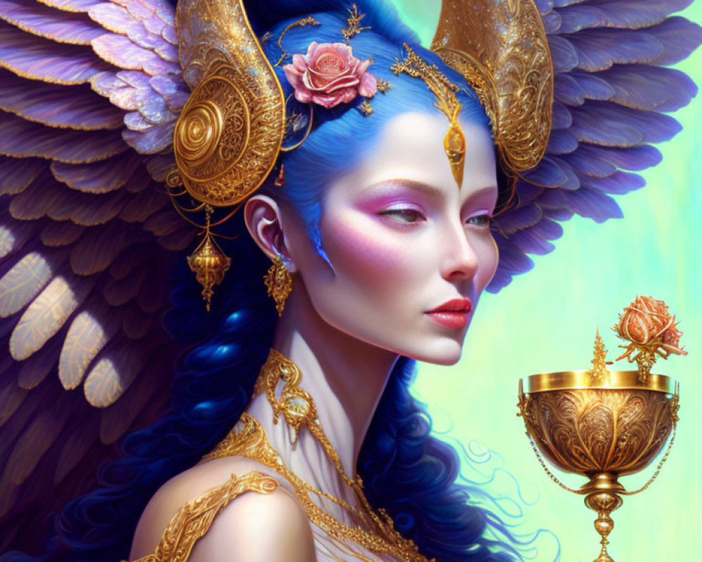 Golden winged headdress and blue-skinned female figure with chalice and ornate gold jewelry