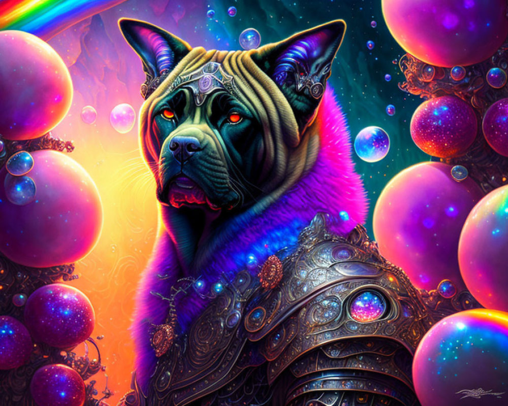 Digital artwork: Armored cat with red eyes in cosmic fantasy scene