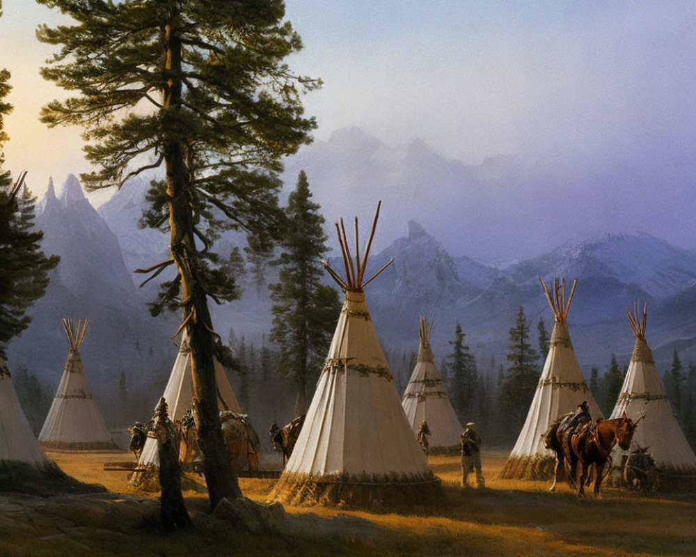 Traditional teepees and people in forest clearing with misty mountains in background