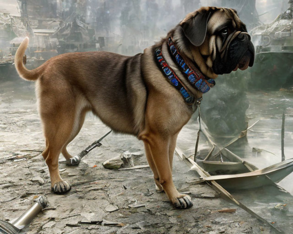 Alert mastiff dog in post-apocalyptic ruins.