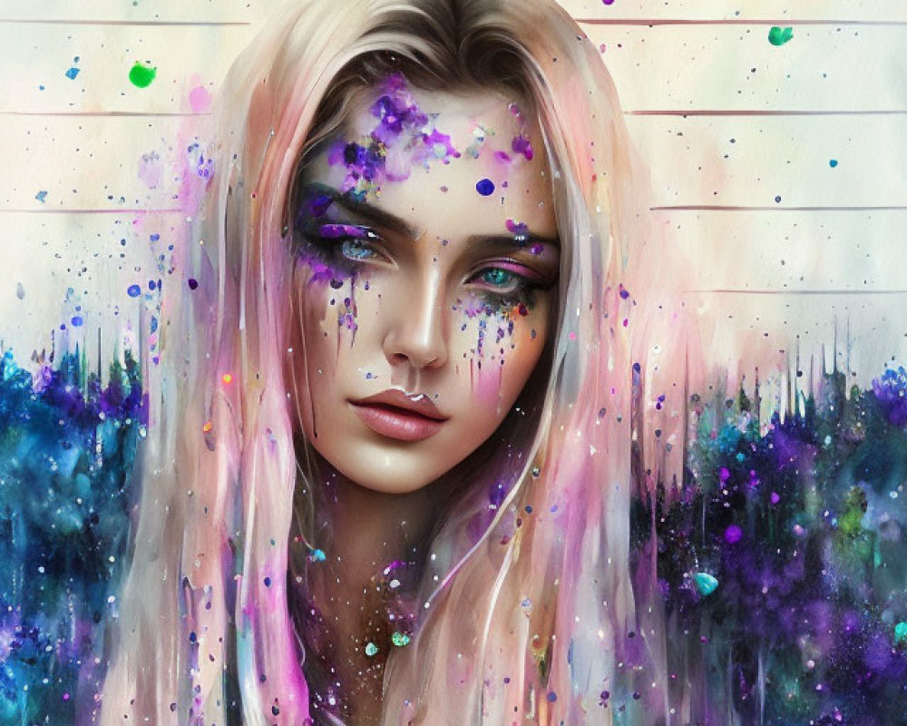 Colorful digital painting of woman with cosmic splatters