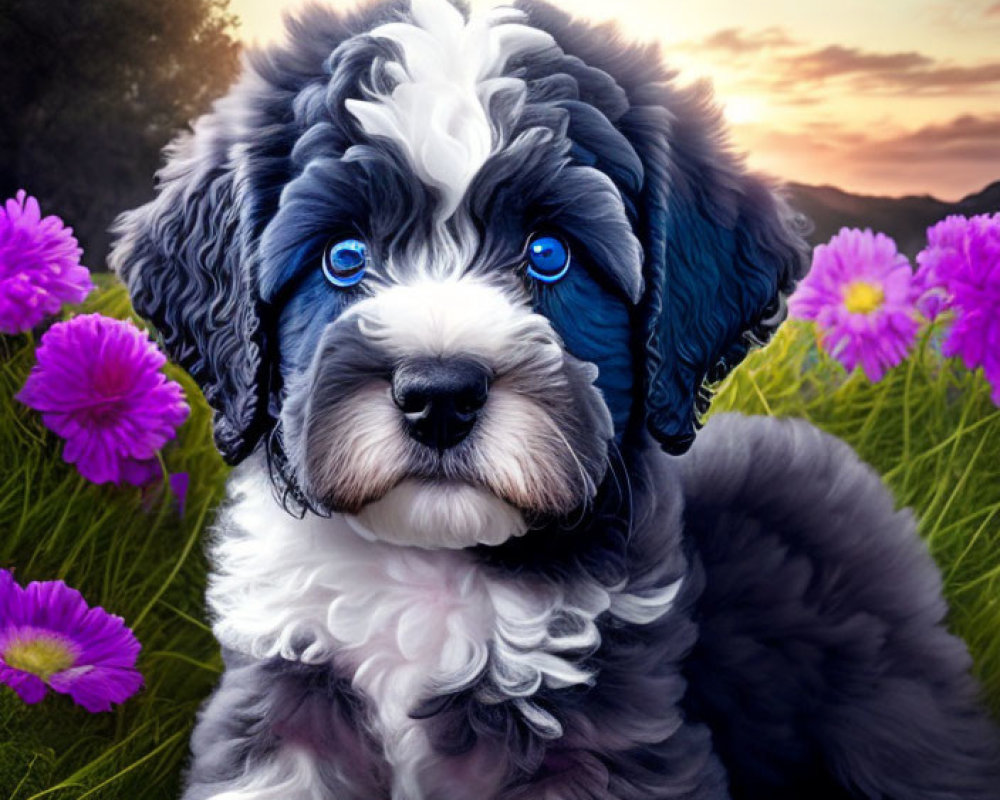 Fluffy Black and White Puppy with Blue Eyes in Flower Field at Sunset