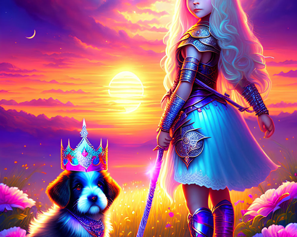 Fantasy illustration of young warrior princess with glowing sword and loyal dog at sunset