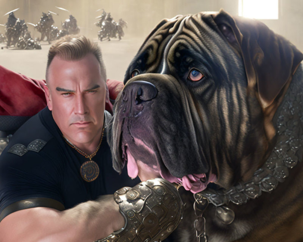 Muscular man in armor with giant mastiff in dramatic battle scene