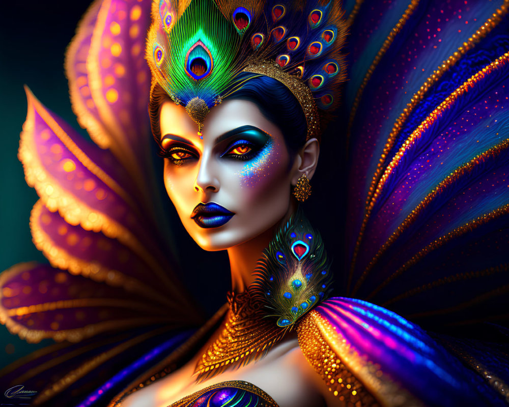 Vibrant portrait of a woman with peacock-themed makeup and headdress