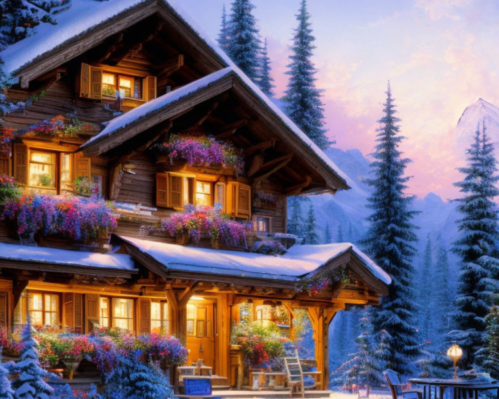 Snow-covered wooden chalet with flower boxes under twilight sky