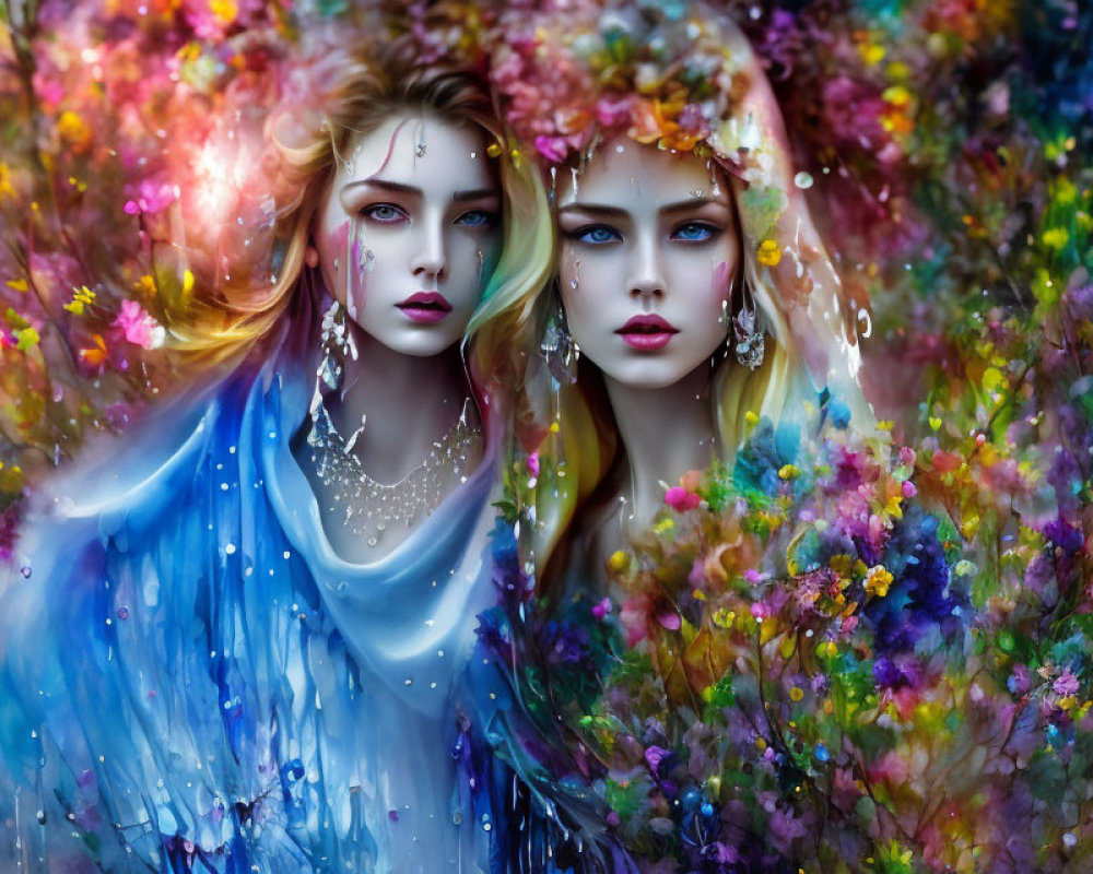 Ethereal women in vibrant flower setting with striking makeup and elegant jewelry