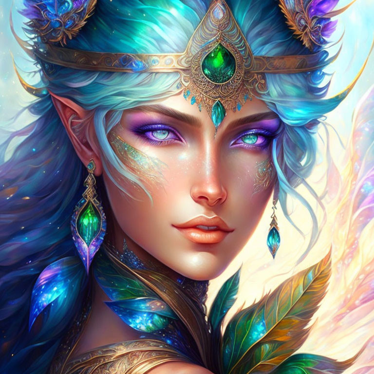 Fantasy character digital art: female with blue skin, pointed ears, purple eyes, gold and em