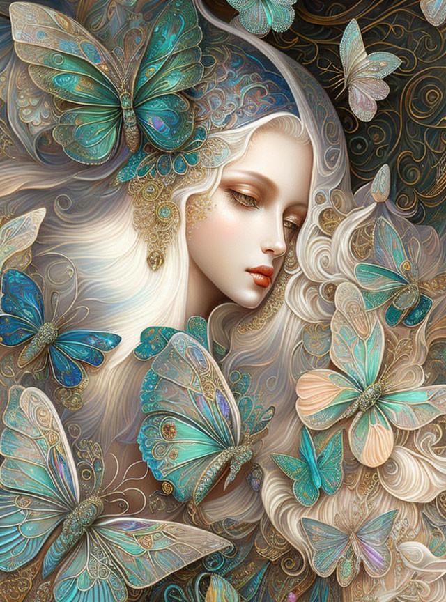 Detailed illustration: Woman with white hair and gold accents, surrounded by blue and turquoise butterflies.