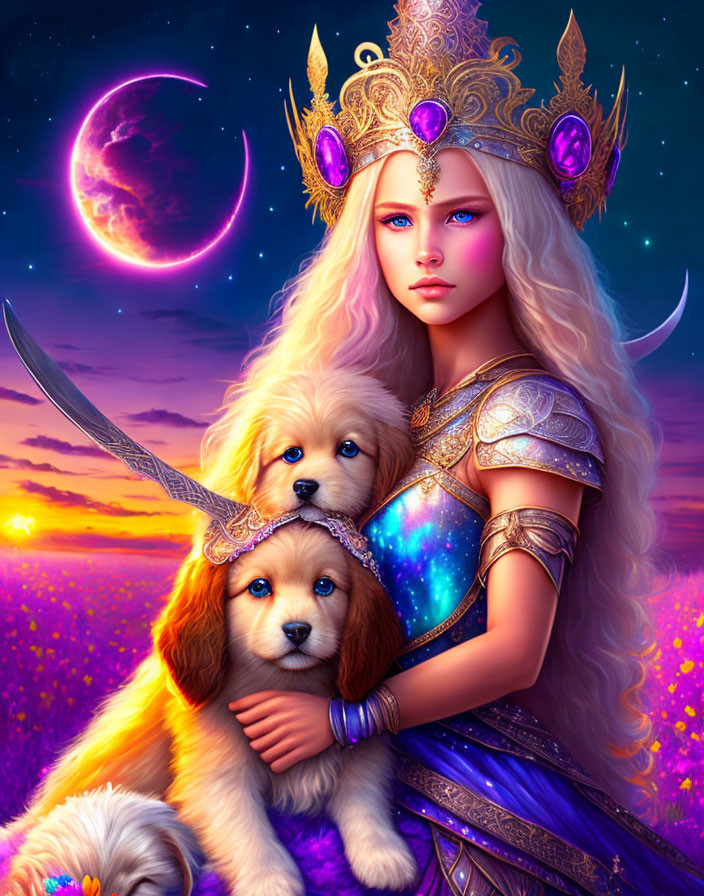 Fantasy queen in crown and armor with two cute dogs under crescent moon and stars