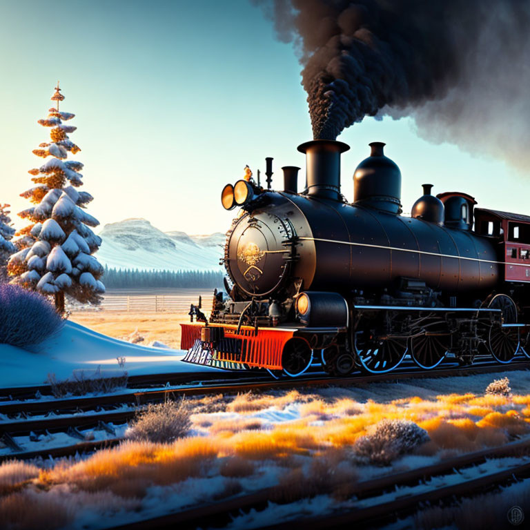 Vintage steam locomotive with wreath on snowy tracks passing Christmas tree in serene winter scene