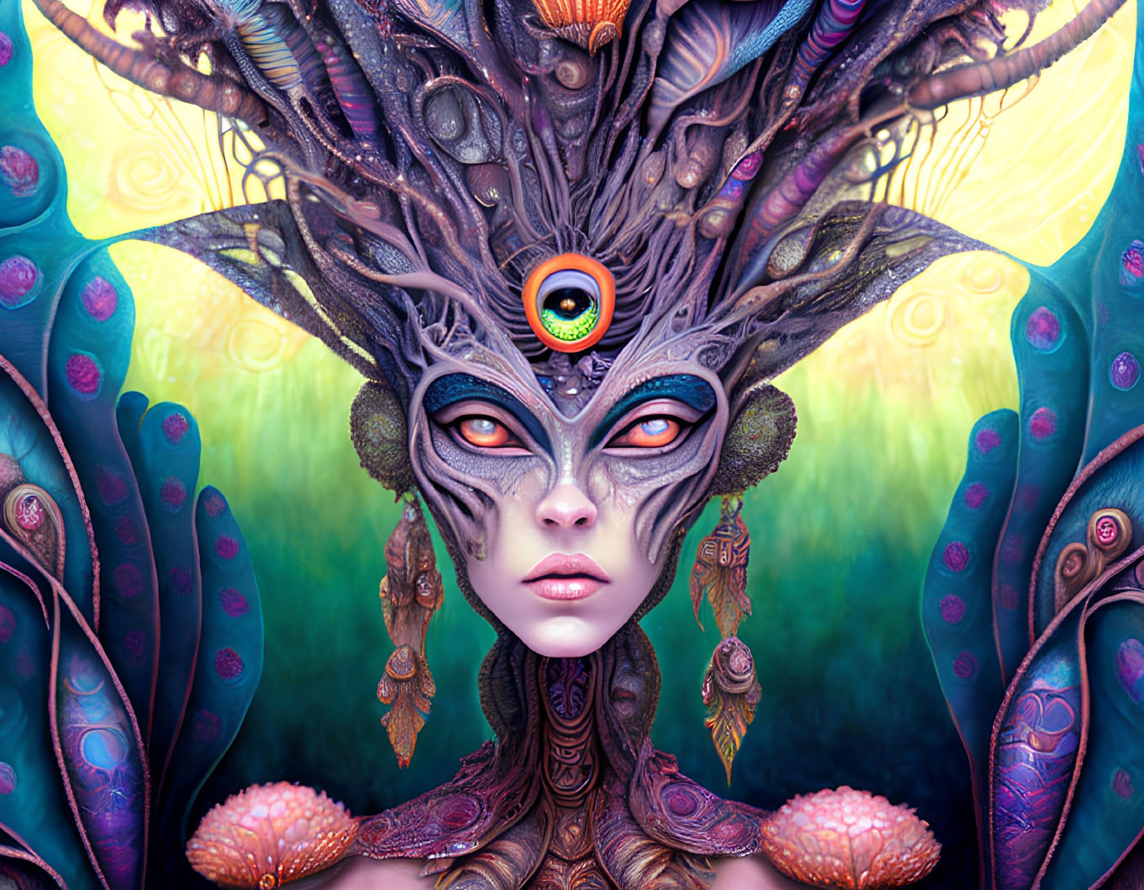 Colorful surreal portrait of a female figure with intricate headdress