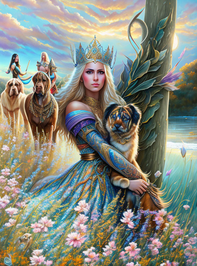 Fantasy queen in floral gown with crown, armored dogs, and tiger in vibrant meadow at sunset