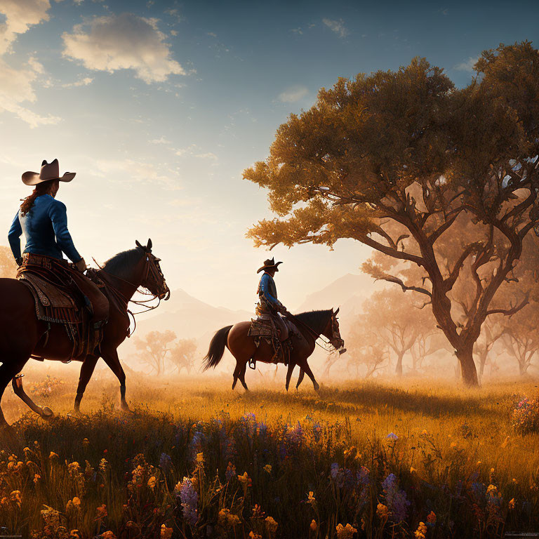 Cowboys on Horseback Riding Through Field of Wildflowers at Sunrise or Sunset