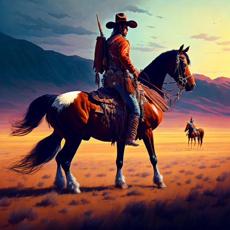 Cowboy on Brown and White Horse Riding in Prairie Sunset Scene