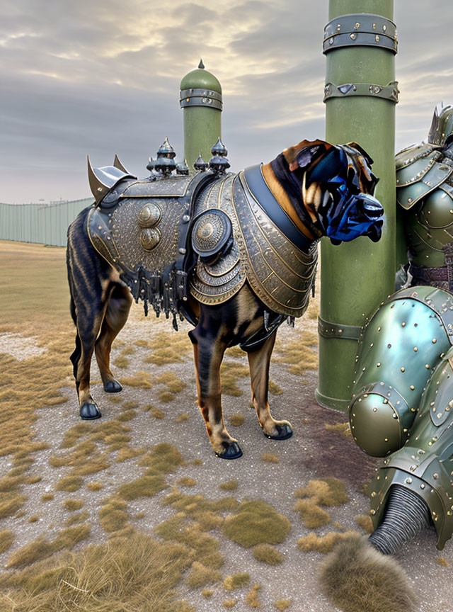 Medieval-style armored dog next to green structure on grassy terrain