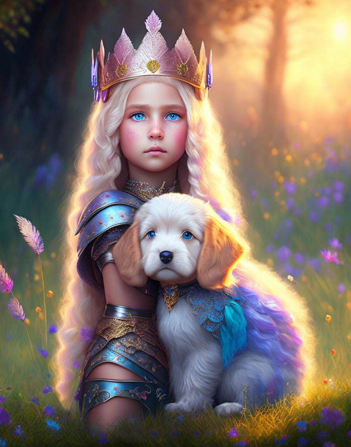 Fantasy portrait: Young girl in crown and armor with winged puppy in sunlit forest.