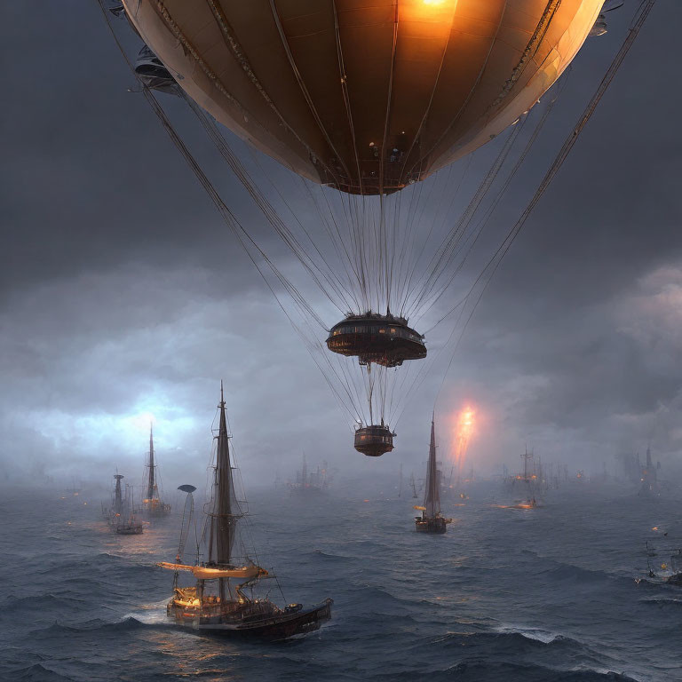 Steampunk-inspired scene: Airship over tumultuous ocean