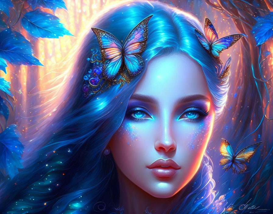 Digital art: Woman with blue hair and eyes, surrounded by glowing butterflies in mystical forest