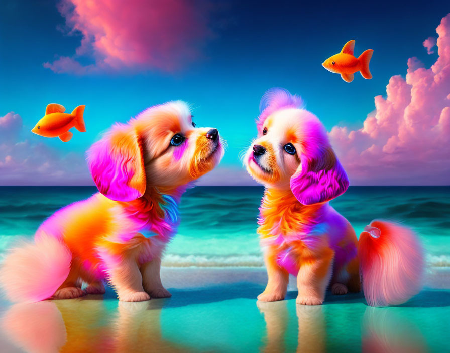 Vibrantly colored cartoon-like puppies on a surreal beach with goldfish