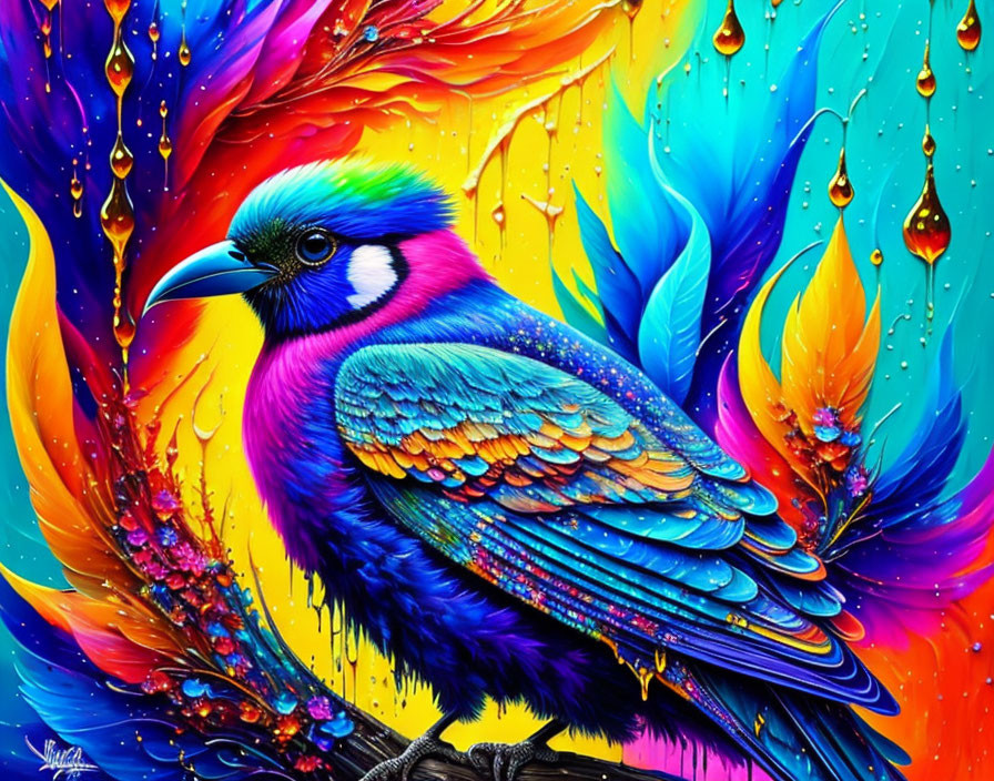 Colorful Bird Painting with Detailed Feathers and Flame Background