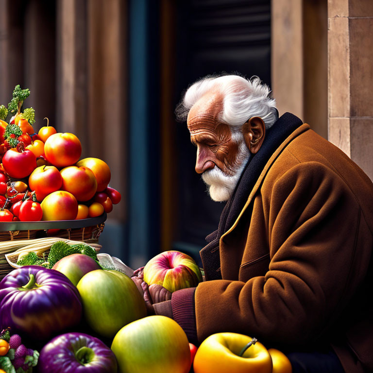 Elderly Gentleman in Brown Coat with Fresh Fruits and Vegetables